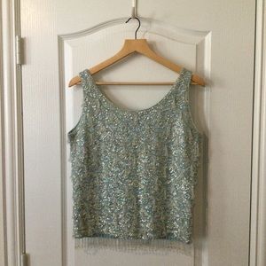 Vintage 1960s Hand Beaded Sequin Silver Ice Blue Top Sz M
